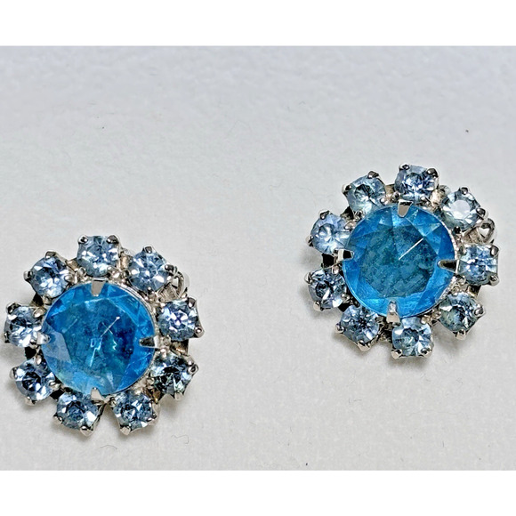 Vintage Blue Rhinestone Prong Set Clip On Earrings Silver-tone - Picture 10 of 15